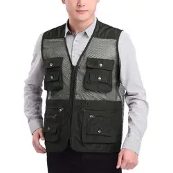 10 Pockets Men Vest Outdoor Waistcoat Hollow Mesh Breathable Sleeveless Zipper Closure Cargo Waistcoat V Neck Fishing Vest