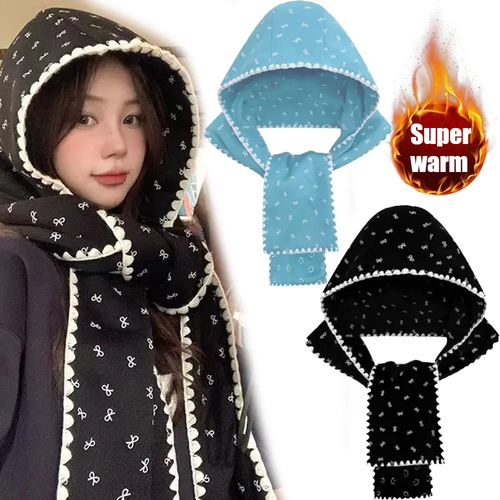 

Women's Knitted 3-in-1 Hooded Scarf/Cape/Hat Cute Lace-Trimmed Smiley Print Design for Warmth and Style in Fall and Winter