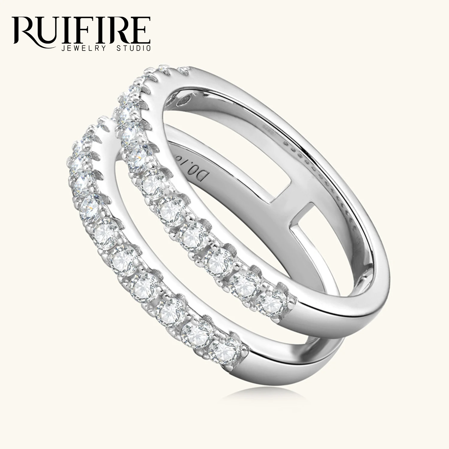 

RUIFIRE S925 Sterling Silver Double Row Moissanite Rings Luxury Full Moissanite Finger Rings Jewelry Gift with Certificate