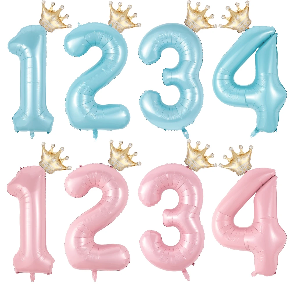 40inch Pastel Light Blue Pink Foil Number Balloon With Crown 1 2 3 4 5 6 Boy Girl Birthday Party Baby Shower Wedding Decoration