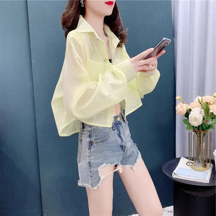 Summer Women Blouses Puff Sleeve Long Chiffon Sunscreen Shirts Cardigan Black White Loose Casual Sun Protection Shirt Tops A488