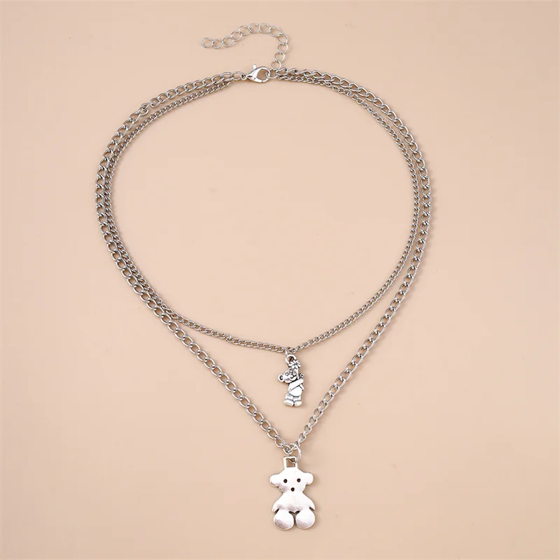 

Fashion Double Layers Metal Cartoon Bear Pendant Necklace for Women Girls Party Festival Gift DIY Jewelry Decoration