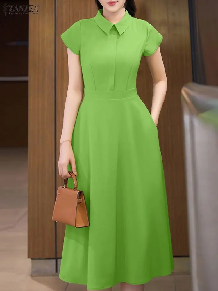 ZANZEA エレガントな半袖ラペルネックオフィスサンドレス レディース 2025 夏服 おしゃれな無地OLワークミディドレス ウエストマークドレス