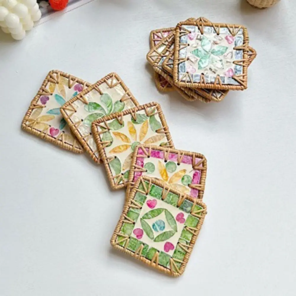 Handicrafts Colorful Square Rattan Shell Coaster Stitching pattern Anti Scalding Placemat Woven Pastoral Insulation Pad Gift