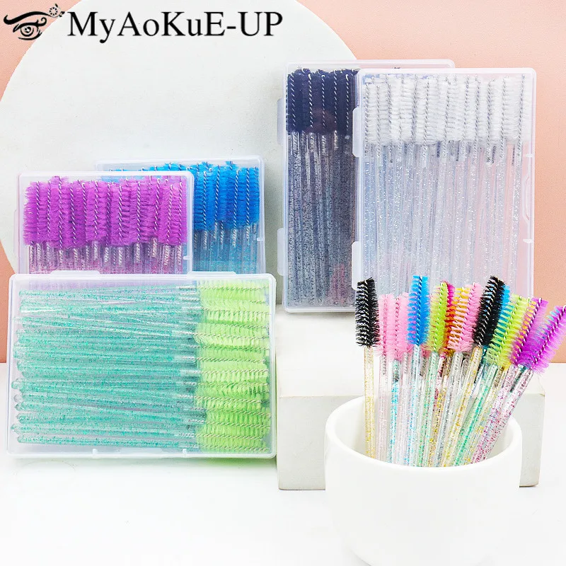 50pcs Disposable Crystal Eyelash brush Mascara Wands Applicator Eye Lash microbrush Eyelash Extension Makeup tools with Box