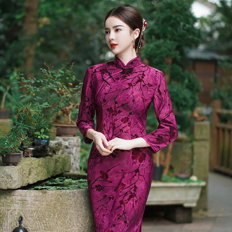 

Winter New Improved Velvet Cheongsam Chinese Style Large Size Long Nine-Quarter Sleeve Wedding Ceremony Banquet Mom Performance