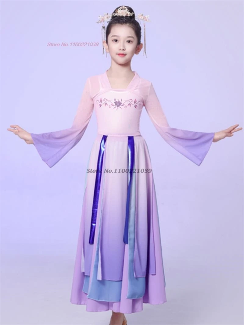 

2026 chinese children folk dance dress costume elegant chiffon hanfu tops+skirt set vintage hanfu fairy dress stage dance wear