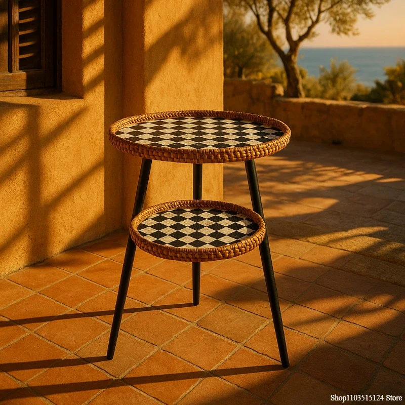 Noedic Rattan Side Table Southeast Asian Round Accent Desk Handmade Mosaic Coffee Tables for Balcony/Living Room Storage Shelf