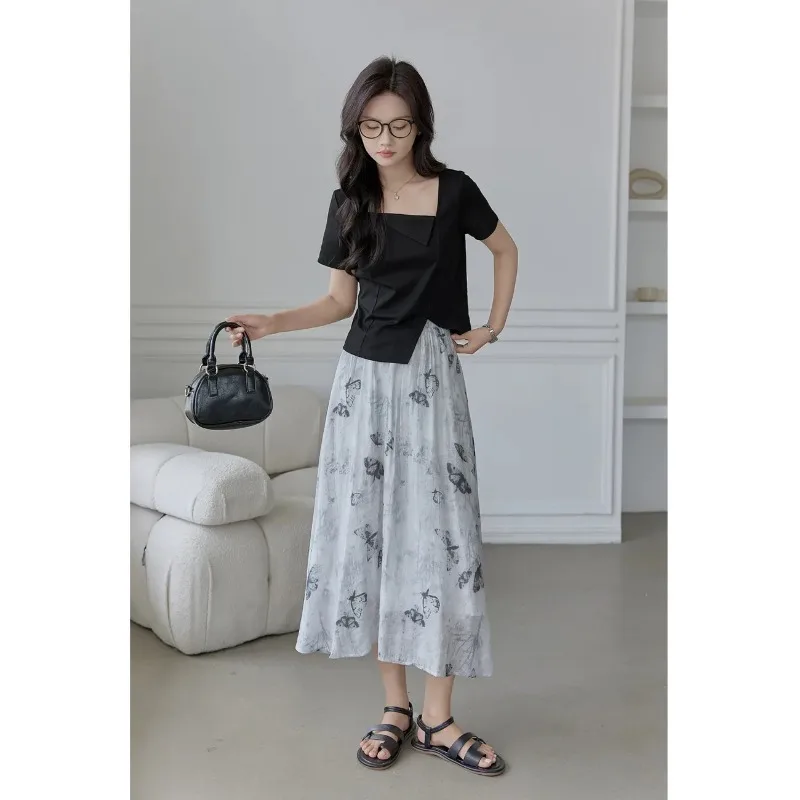 Elegant Women Summer Butterfly Print Elastic Waist A Line Midi Skirt Chic Casual Vintage Flowy Mid Length Skirt S-3XL
