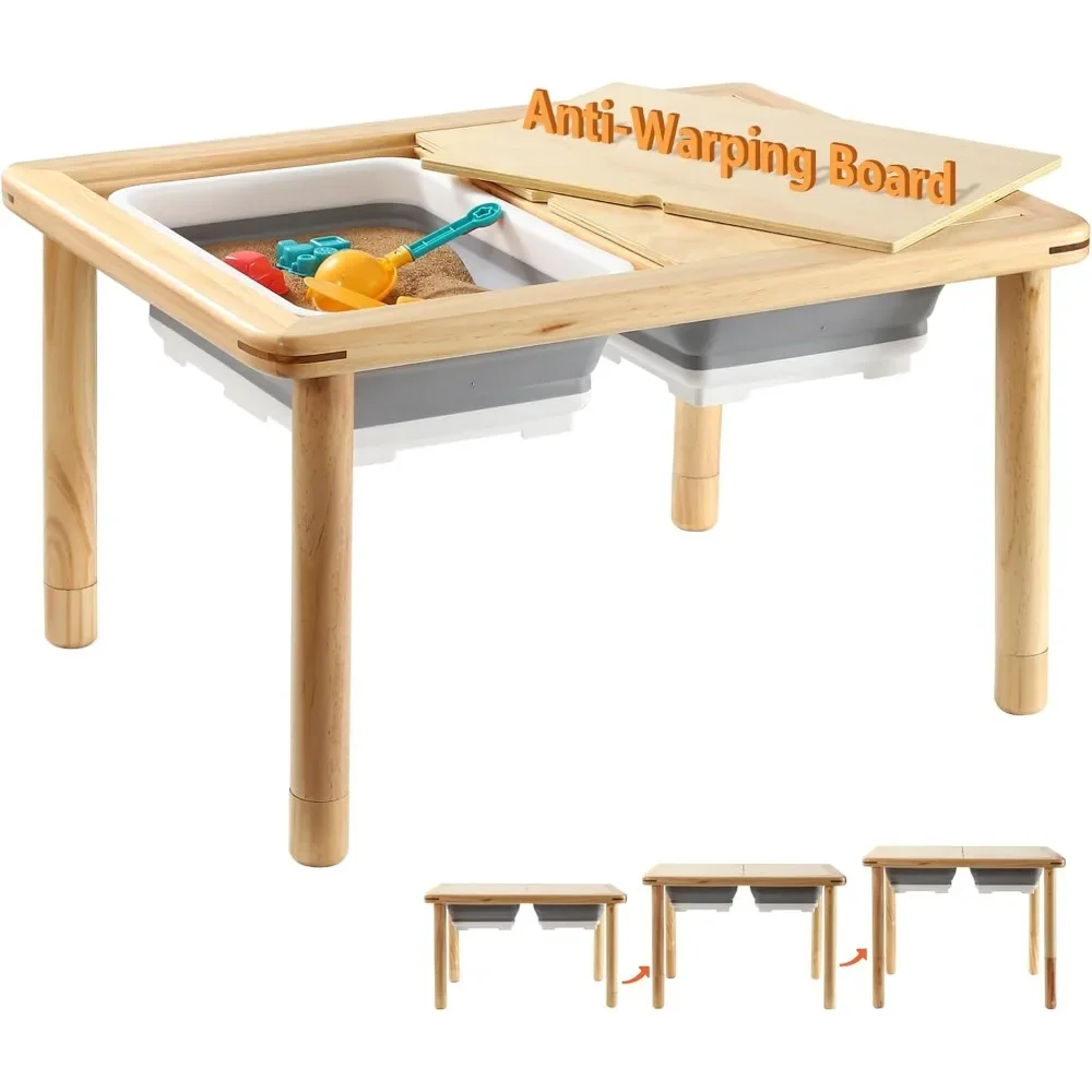 Funlio Holz sensorischen Tisch mit 2 Behältern für Kleinkinder 1-5, 3-stufiger höhen verstellbarer Kinder sensorischer Tisch mit Anti-Warping-Sperrholz