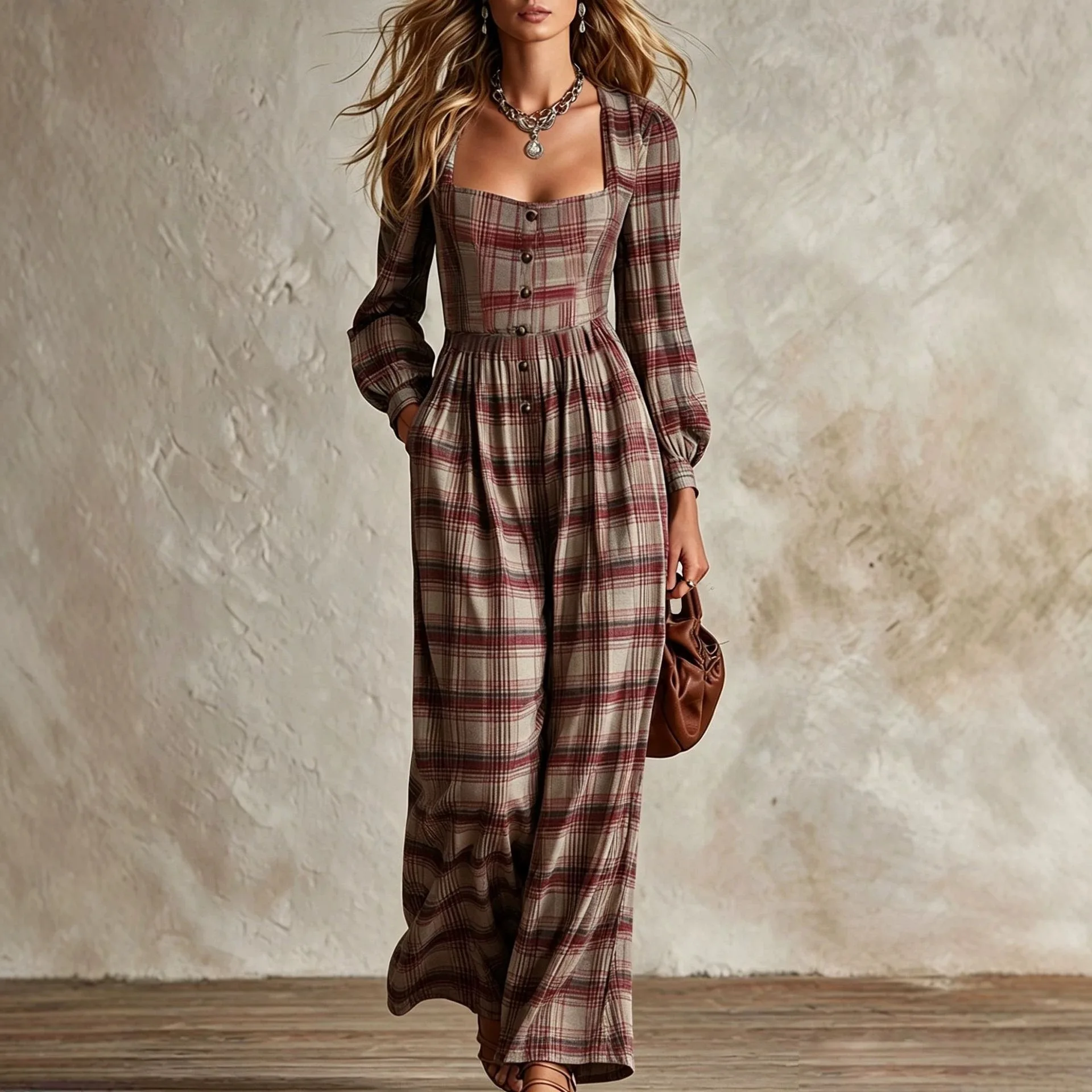 MsChuh Women's Fashion Square Neck Retro Plaid Long Sleeve Jumpsuit New Waist Single Breasted Pocket Wide Leg Female Rompers