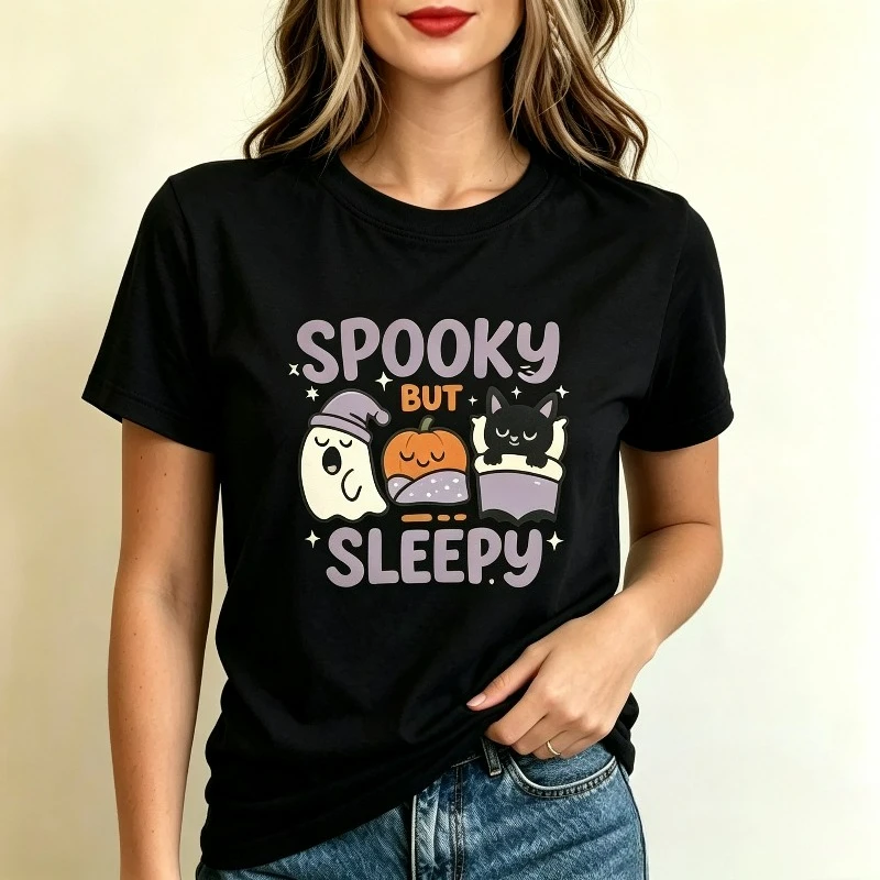 SPOOKY BUT SLEEPY Cute Ghost Pumpkin Women T-Shirt 100% Cotton Tee For Funny Halloween Fall Casual Wear