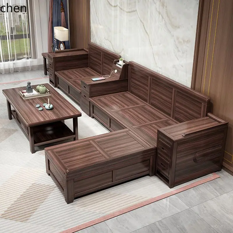 HT Solid Wood Sofa Set New Chinese Style Sofa Living Room Storage Complete Sofa Set