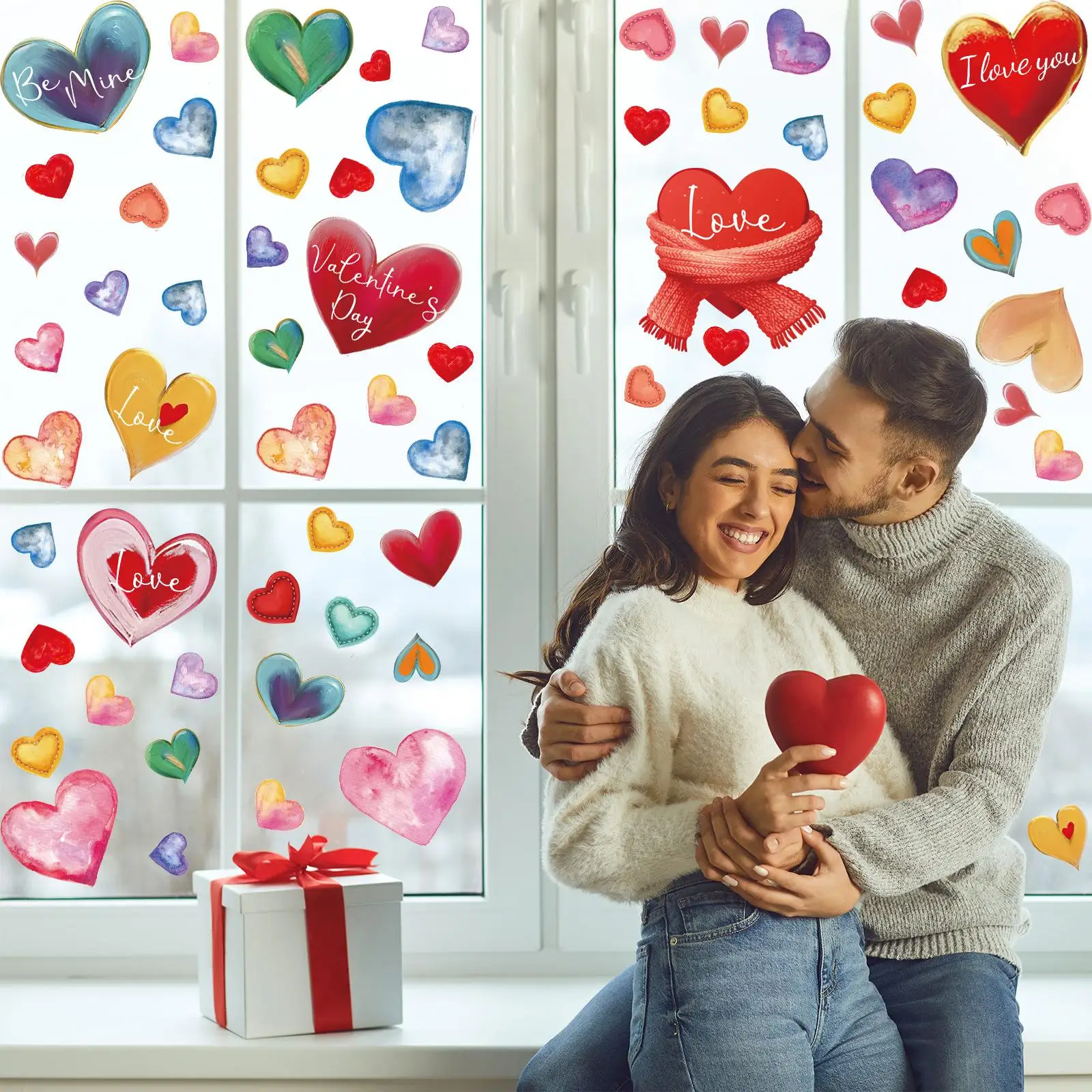 

Valentine's Day Static Window Clings 9-Piece Electrostatic Glass Door Heart Decals Suitable for Parties Galentines Anniversaries