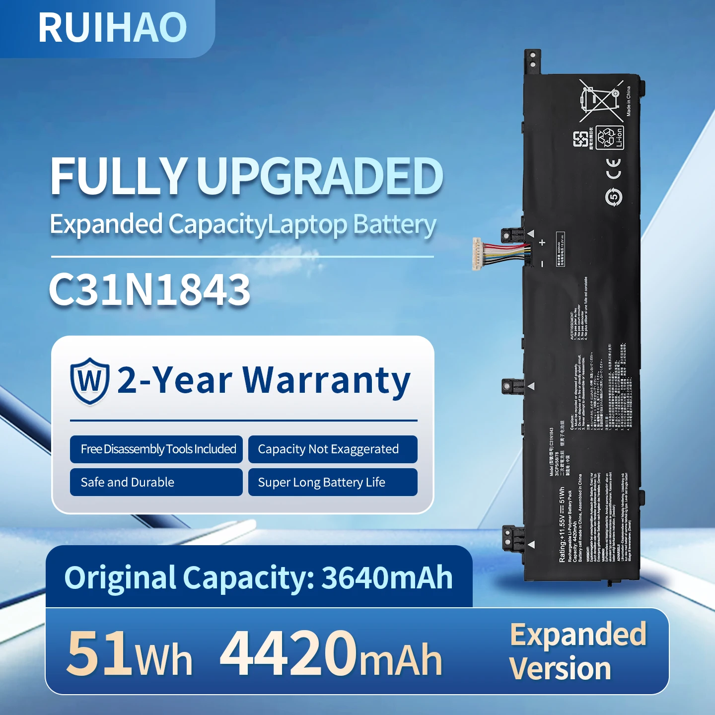 C31N1843 51Wh 11.55V Higher Capacity Replacement Laptop Battery for ASUS S432F S432FA/FL S532FA S532FL