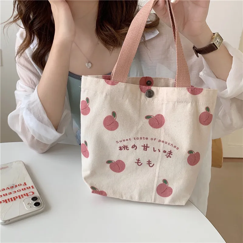 Small Canvas Women Tote Food Bag Japanese Peach Lunch Bag Korean Mini Handbags Lunch Box Cloth Picnic Travel Bento Storage Bags