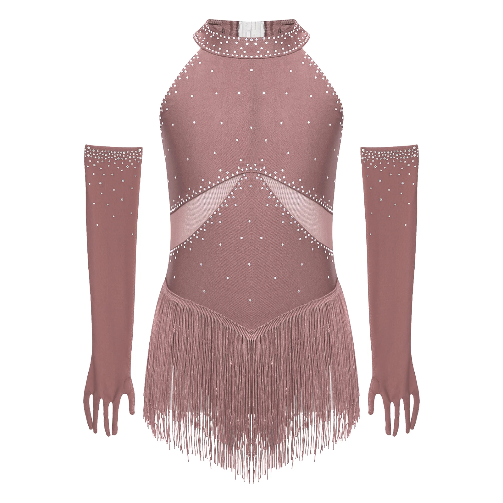 Kids Girls Figure Skating Latin Dance Dress Shiny Rhinestone Keyhole Back Mesh Patchwork Tassel Leotard Dress with 1 Pair Gloves