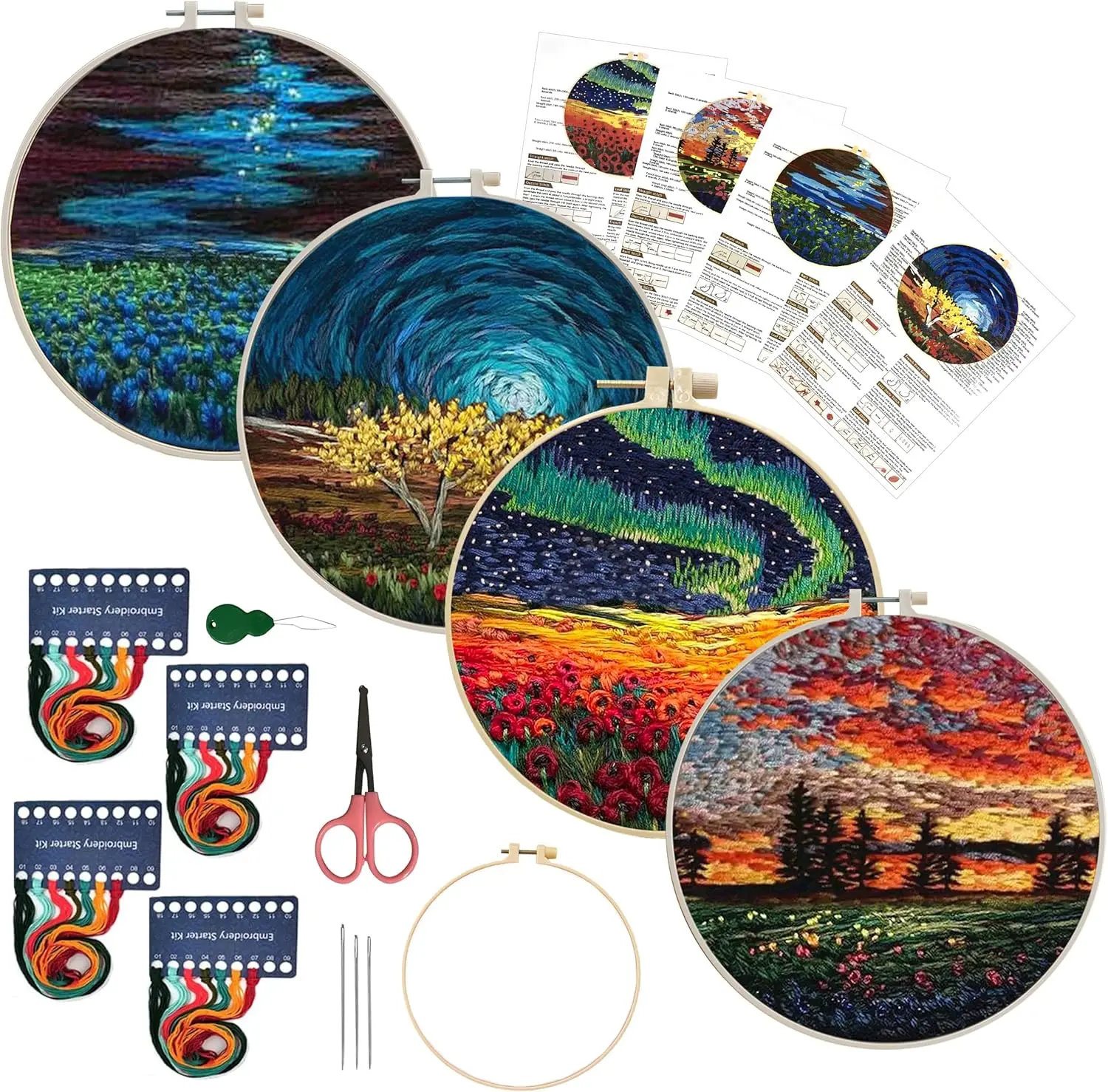 

4 Pack Embroidery Starter Kit with Pattern, Stamped Cross Stitch for Beginners Adults, Includes Hoop & Instructions