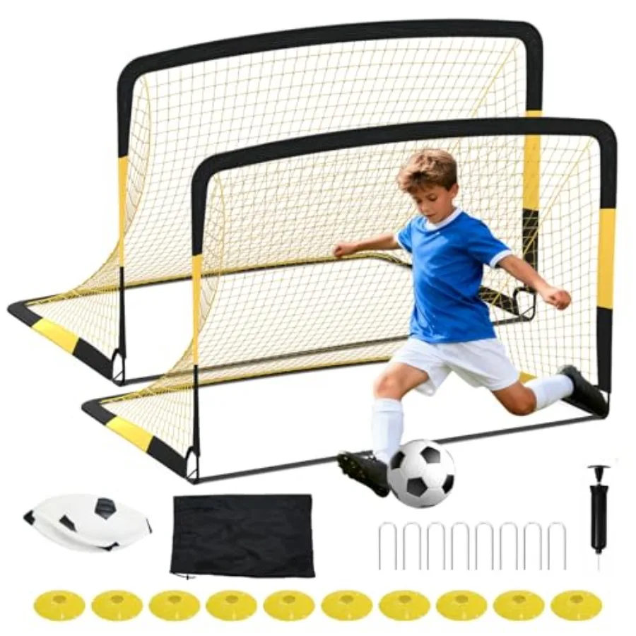 

Backyard soccer training: portable pop-up 6x4 ft goals 2 pack,steel frame, black, includes net, ball, cones, stakes carry bag