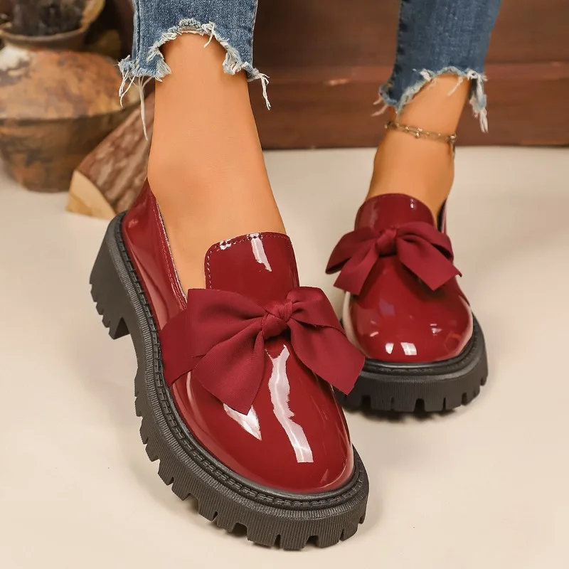 

Bow Low-top Single Shoes for Women,Large Size 2026 Spring/Autumn New Thick-soled British-style Small Leather Shoes,35-43，Fashion