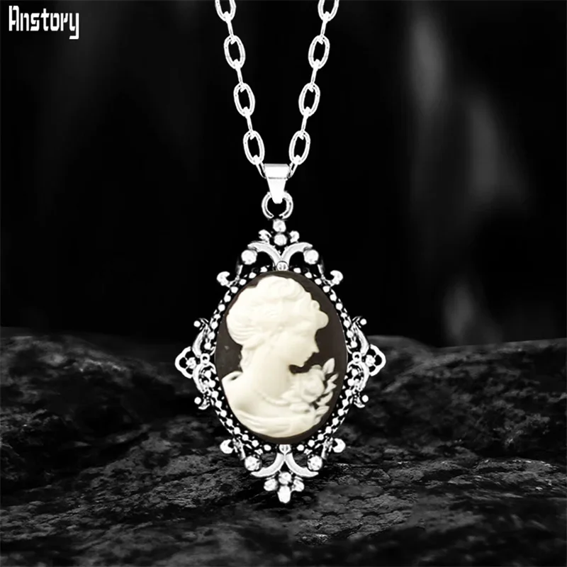 6 Colors Vintage Lady Queen Cameo Necklace For Women Antique Silver Plated Plant Cameo Pendant Stainless Steel Chain Necklace