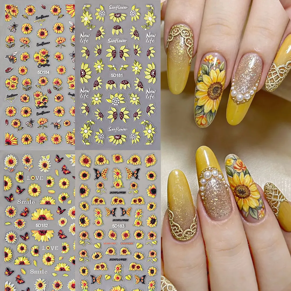 1/4pcs 5D Embossed Summer Sunflower Nail Stickers Yellow Floral Bee & Butterfly Nail Decals Fresh Sunflower Nail Art Decorations