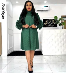 Women's Dress Fashion O-Neck 2025 New Pressed Pleated Flower Women's Dress Solid Color Long Sleeve Casual Midi Dress