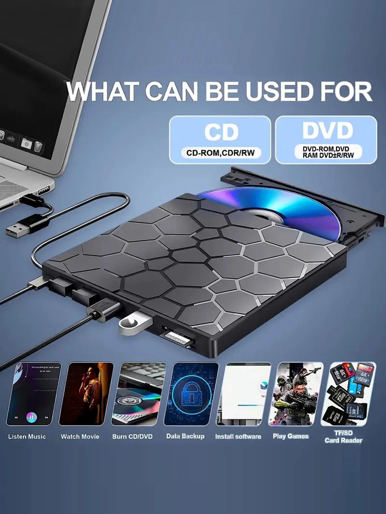 Unità CD/DVD esterna per laptop, lettore portatile ultrasottile USB 3.0 8 in 1, lettore e masterizzatore CD/VCD/DVD
