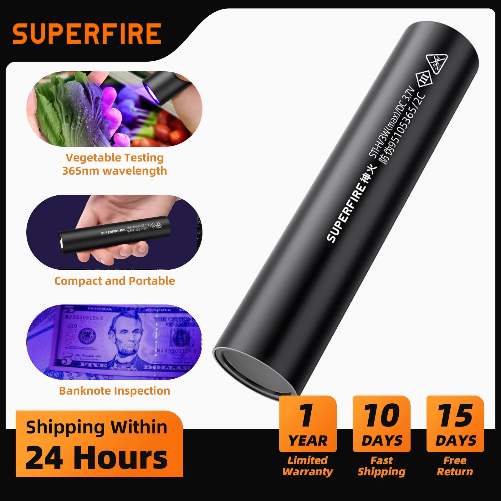 

S11-H UV Flashlight 365nm Mini Ultraviolet Light Torch USB Rechargeable UV Light Inspection Lamp Pet Urine Stain Detector Tools