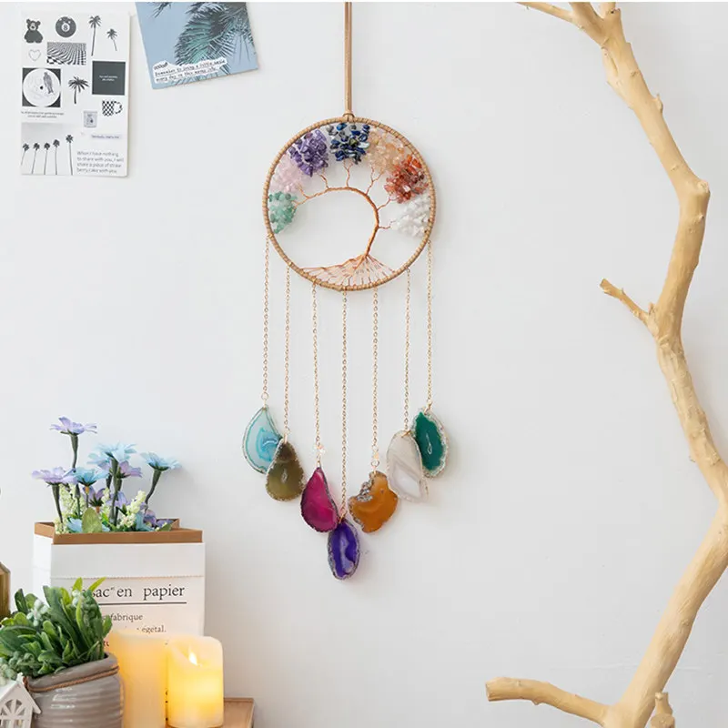 

Colorful Tree of Life Hanging Room Ornament Raw Gemstone Natural Stones Agate 7 Chakras Healing Crystal Sun Catchers Craft Decor