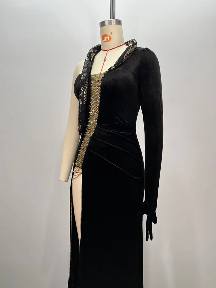 Robe longue en velours lacé pour femme, manches simples, découpe sexy, noir, maxi tambour, robe con élégante, soirée, performance sur scène, 2024