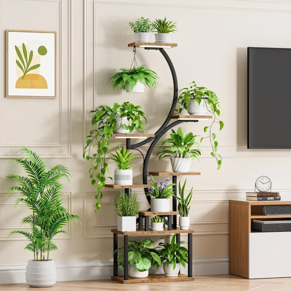 8 Tiered Indoor Plant Shelf with Grow Lights, S-Shaped Metal Plants Flower Holder, 62" Tall Plant Stand