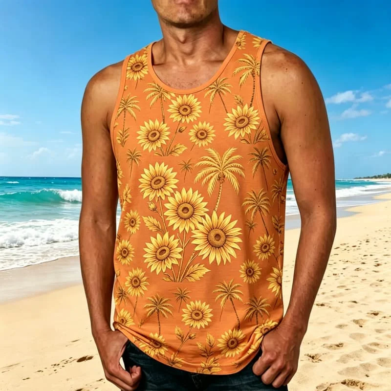 Men's tropical plant floral printed vest,  suitable for summer, tropical vacation and sunset strolling occasions