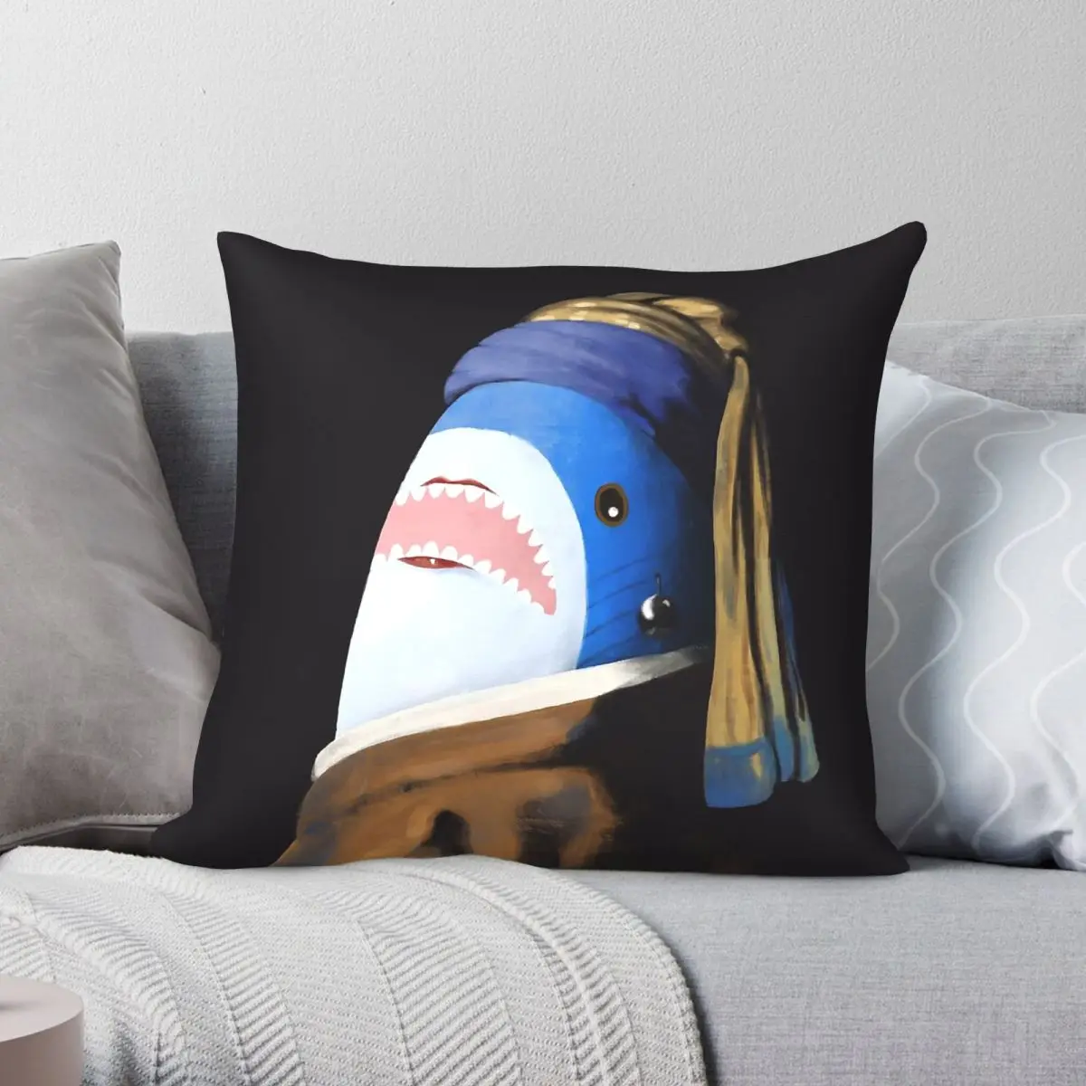 Blahaj With A Pearl Earring Square Pillowcase Polyester Linen Velvet Pattern Zip Decor Throw Pillow Case Bed Cushion Cover