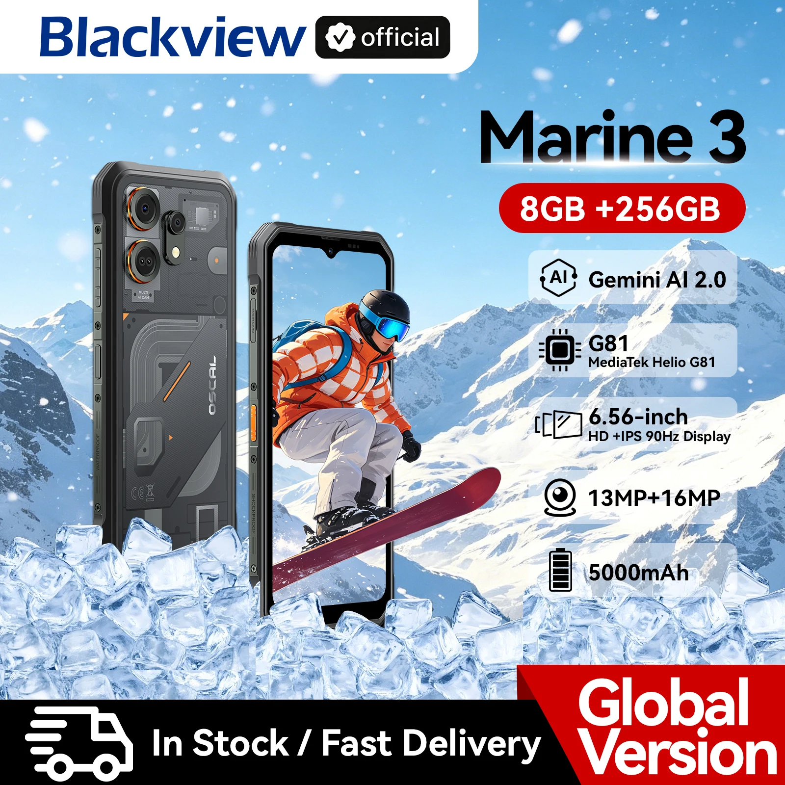 Blackview OSCAL MARINE 3, Teléfono Inteligente Resistente, Pantalla HD de 6.56 Pulgadas y 90 Hz, Helio G81, Cámara de 13MP+16MP, Batería de 5000 mAh, Android 16