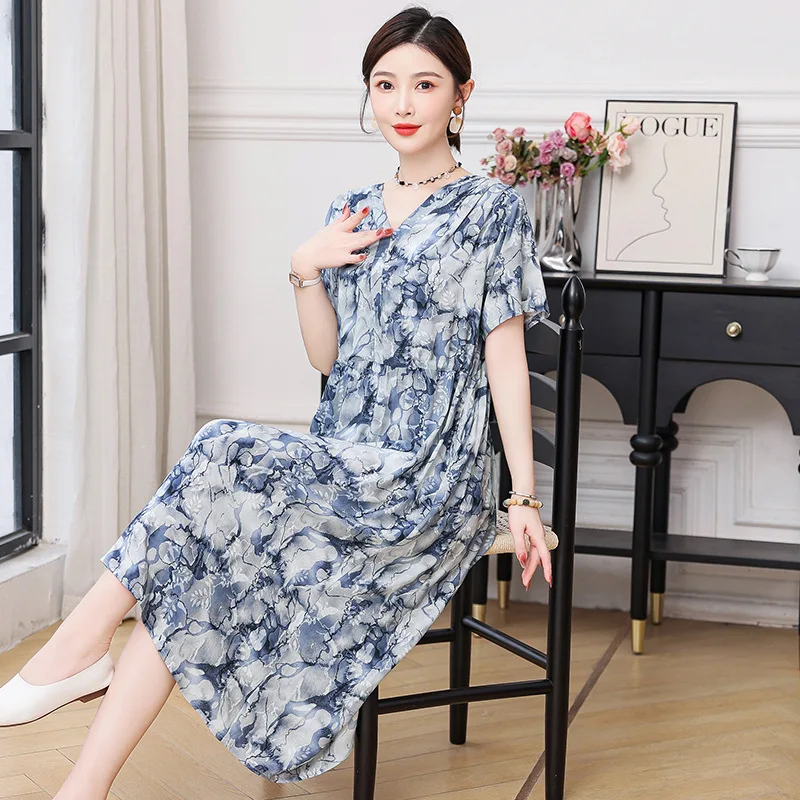 

XL-5XL 2025 Summer Nightgowns Women New Ethnic Style Dress Cotton Rayon Printed Nightdress Oversized Sleepwear Night Shirt