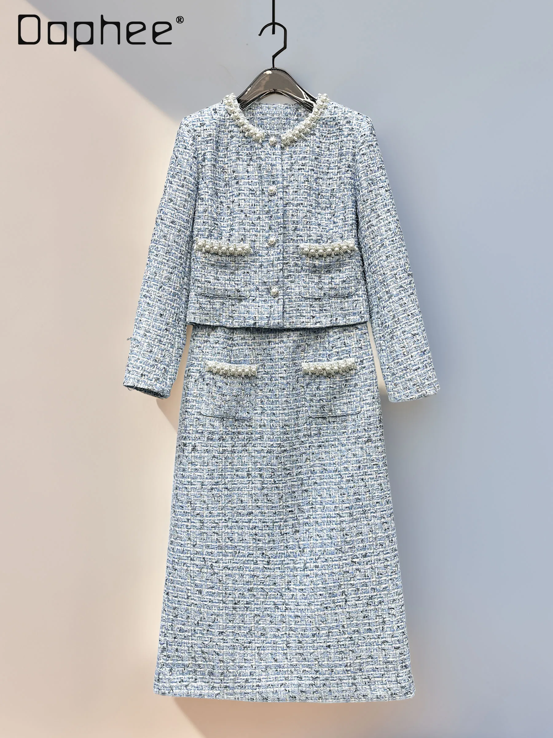 

Осень-зима, новое высококачественное твидовое короткое пальто с круглым вырезом и длинными рукавами, юбка трапециевидной формы, элегантный костюм для светских женщин