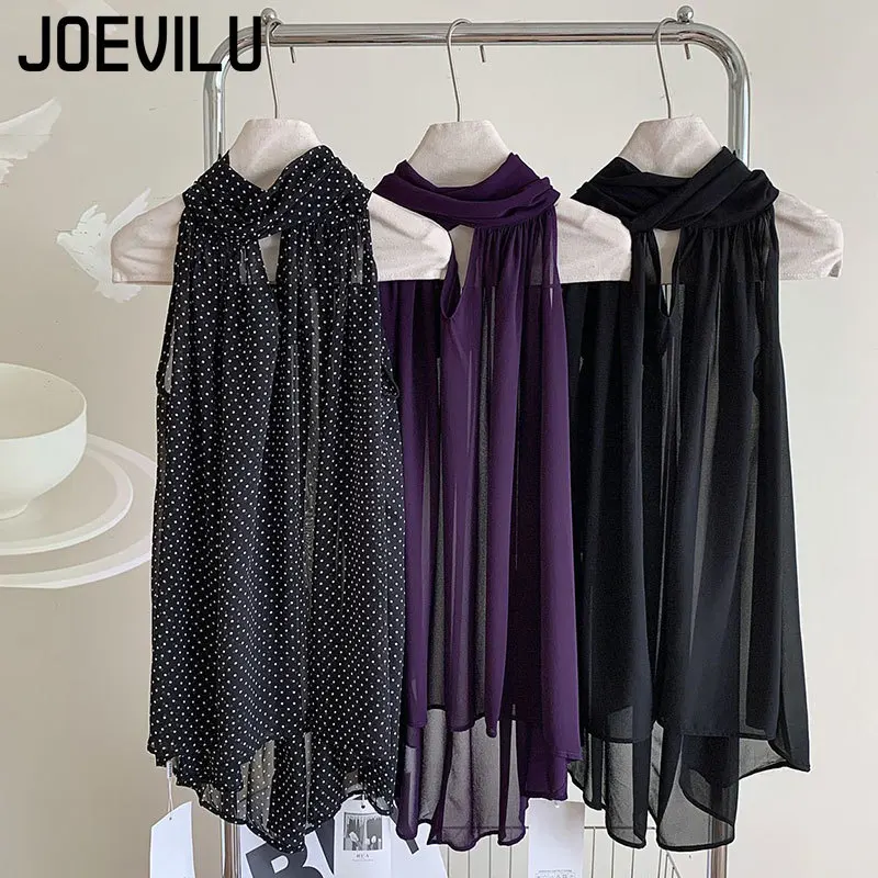 

JOEVILU Sleeveless Lace Up Halter Chiffon Shirts Sheer Sun Protection Cover-Up Loose Casual Bow Tie Blouse Women's Sexy Tops