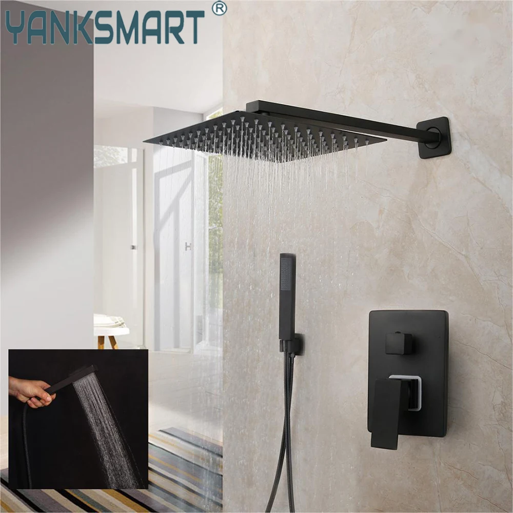 YANKSMART Bathroom Shower Faucet Set Mixer Tap Black Brass Stainless Steel Mixer Water Arm Wall and Ceiling Mounted With Hand