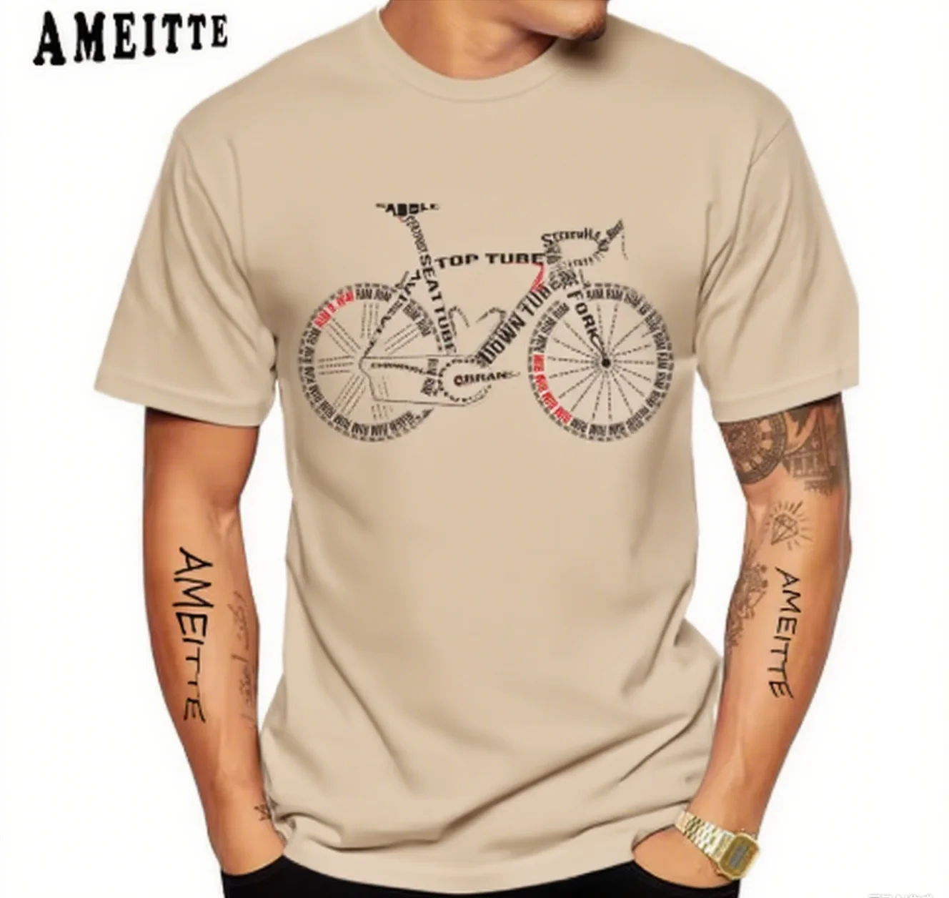 

100% Cotton Bike Typography T Shirt By AMEITTE Distinct Bicycle Parts Text Design Cool Cycling - Themed Casual Top Tee S-4XL
