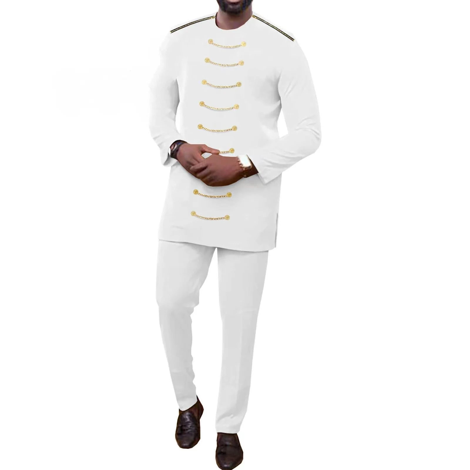 

African Clothes for Men Gold Chains Dashiki Coats and Ankara Pants 2 Piece Set Bazin Riche Outfits for Wedding Evening Bazin