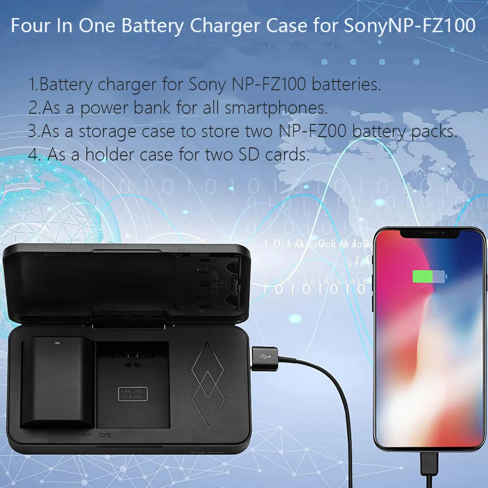 2600mAh NP-FZ100 NPFZ100 NP FZ100 Battery and Charger Case power bank for Sony A7 III, Sony Alpha A7R III, A7R IV, A9, A6600