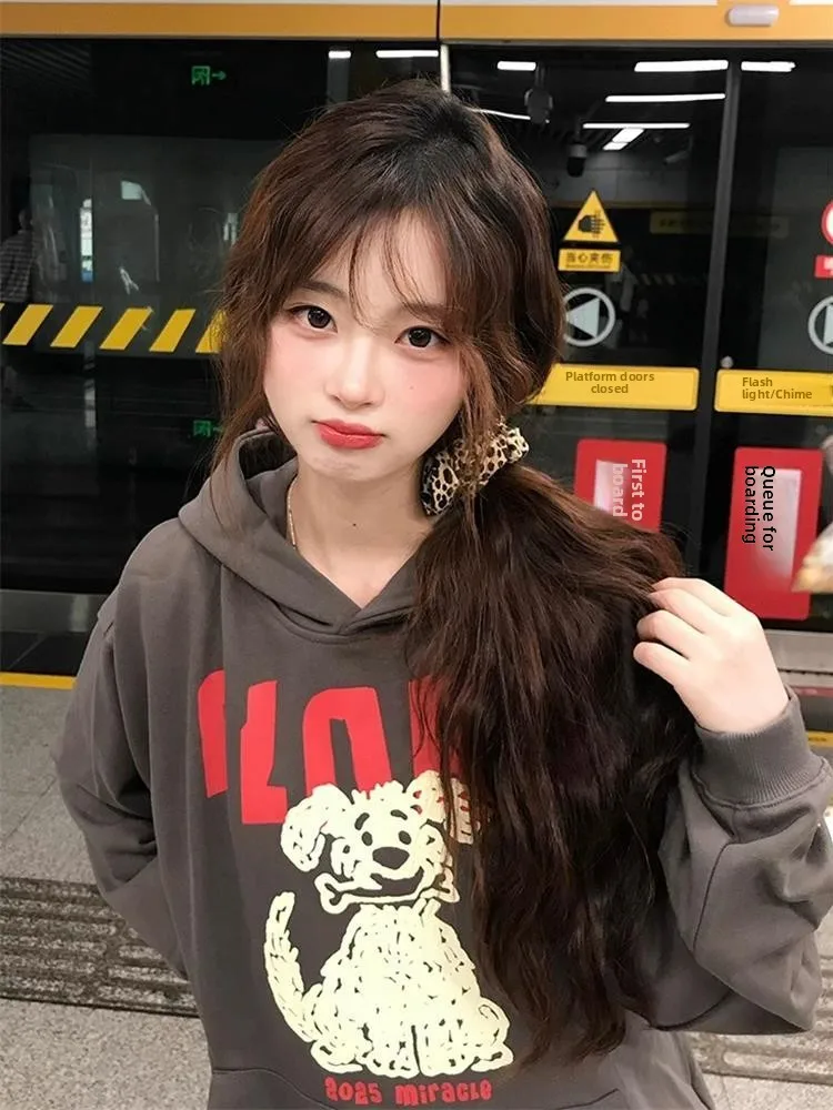 

Retro American Long Sleeve Hoodie Women's Loose Casual Versatile Dog Print Color Block Trendy Top for Autumn Spring