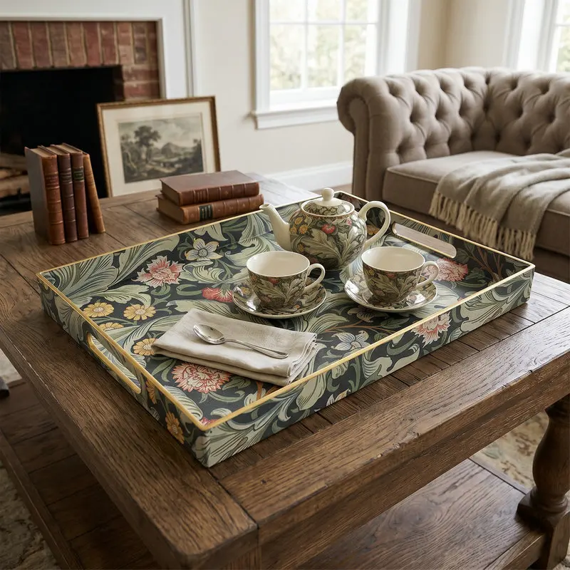Decorative Rectangular Plastic Tray with Handles,Decal Paper Coffee Table Storage Organizer,Vintage Serving Tray for Home Decor