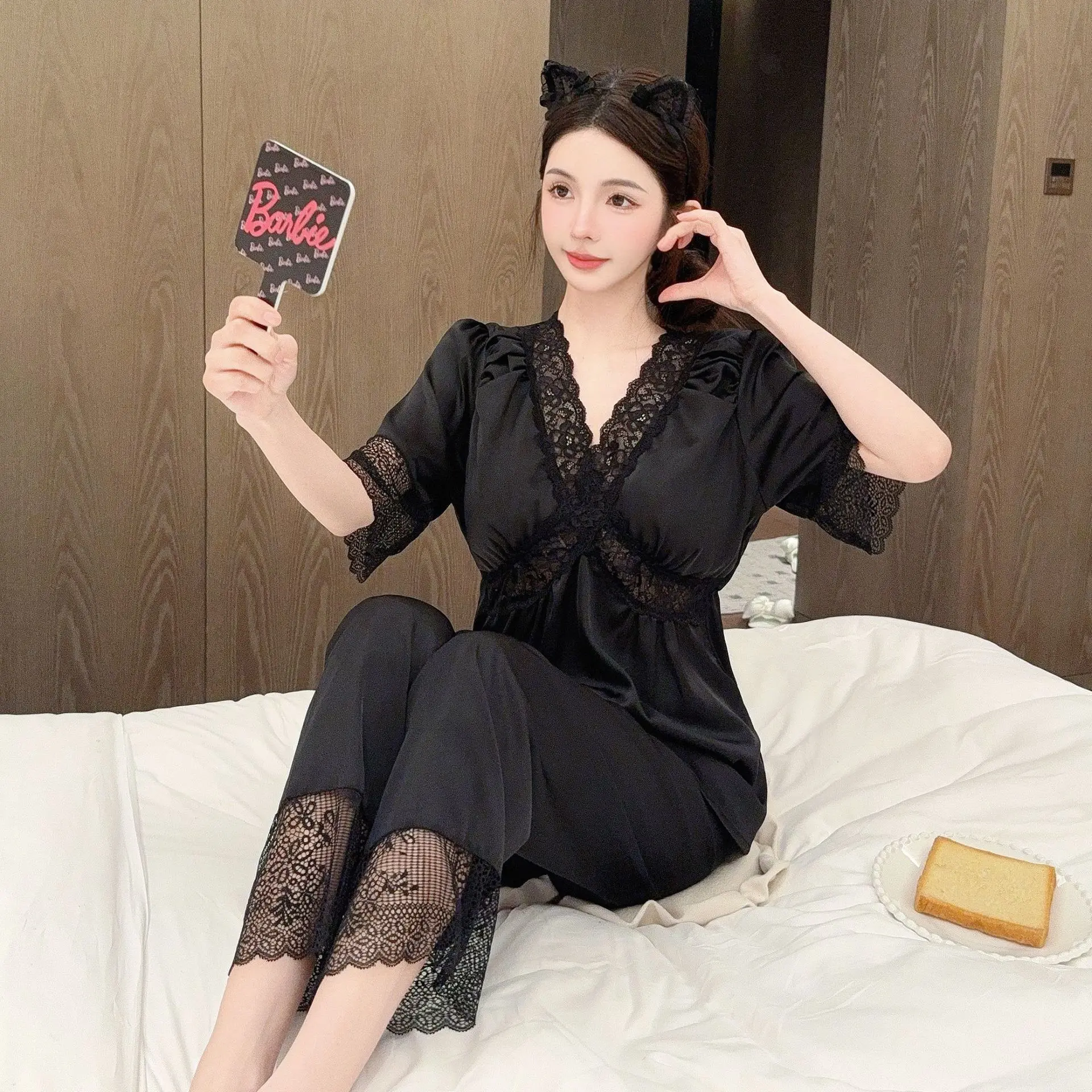 

Pajama for Women Satin Lace Patchwork Sleepwear Casual Home Clothes Summer Short Sleeve Top Pants Pajamas Loungewear