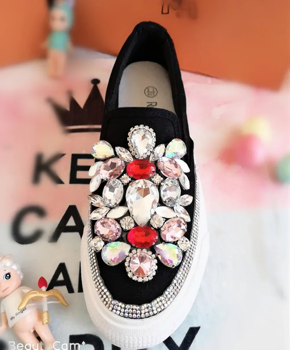 Womens Round Toe Canvas Platform Flats Sneakers Loafers Slip On Casual Rhinestones Diamond DIY Shoes Black White Girls