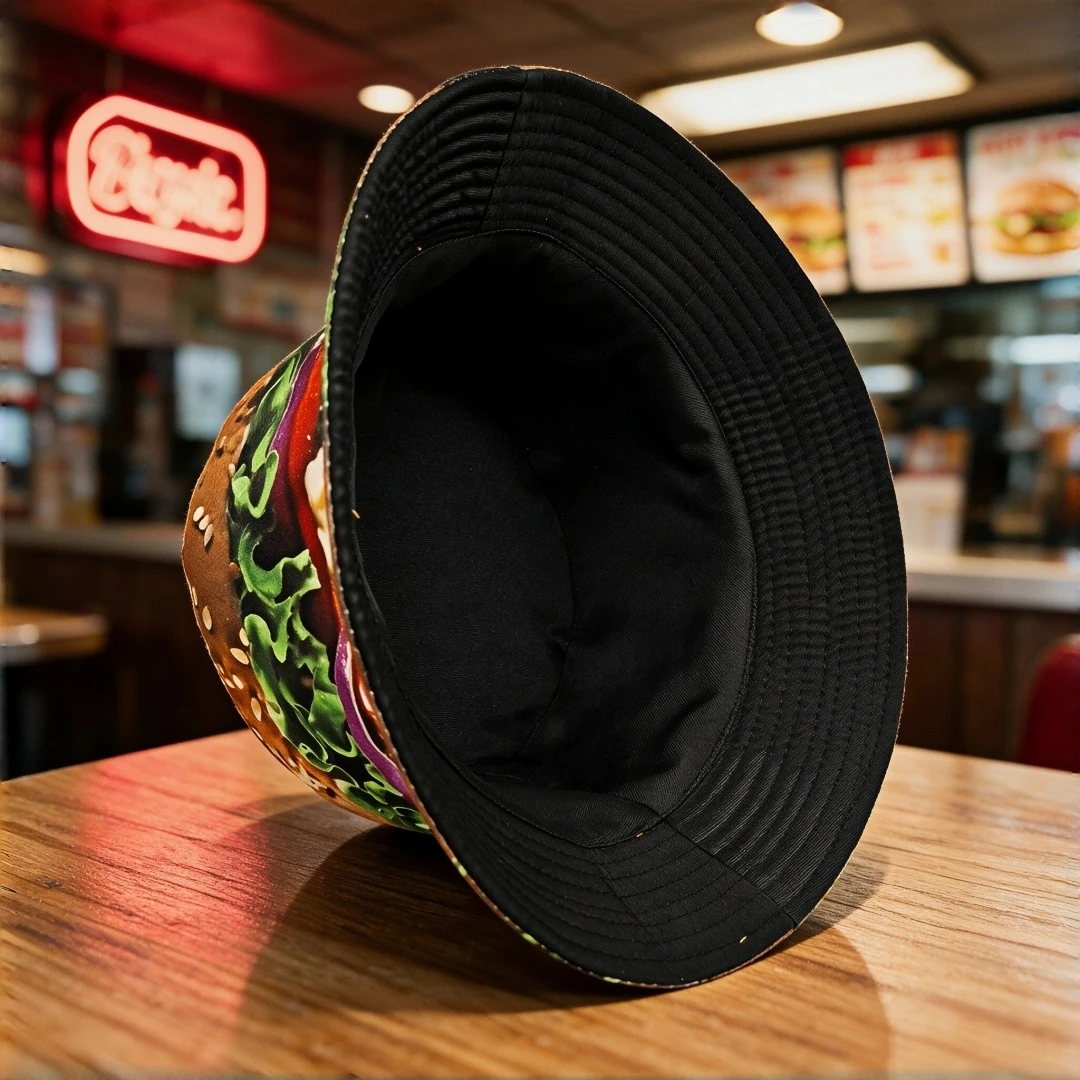 Realistic Big Hamburger Print Bucket Hat Funny Food Pattern Wide Brim Fisherman Cap Unisex Summer Beach Outdoor Vacation Sun Hat