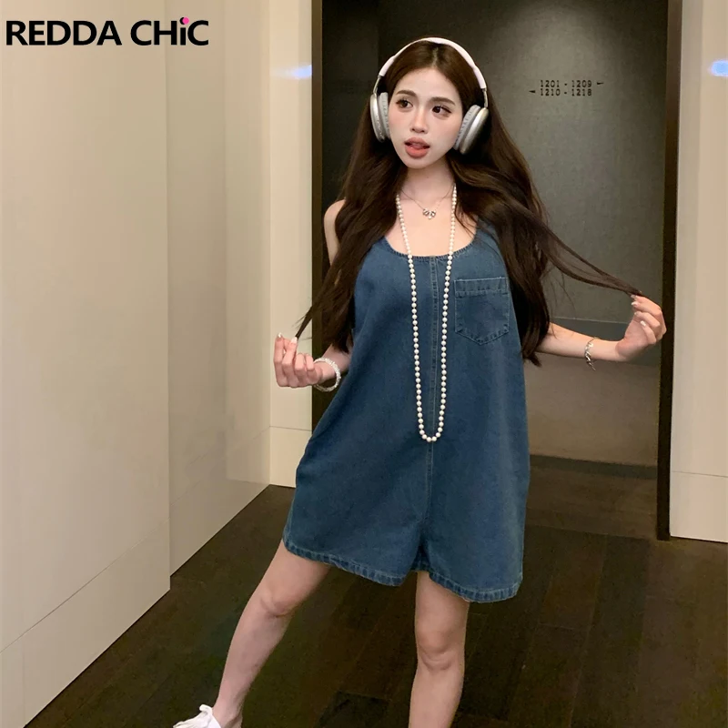 

REDDACHiC Vintage Blue Solid Denim Overalls Women Scoop Neck Pockets Loose Casual Sleeveless Tank Rompers Summer Korean Clothes