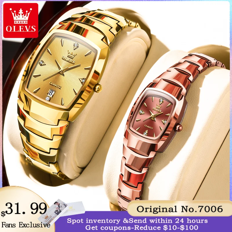 OLEVS 7006 Original Couple Quartz Watch Fashion Luxury Waterproof Diamond Tungsten Steel Band Calendar Gift Couple Watch Set