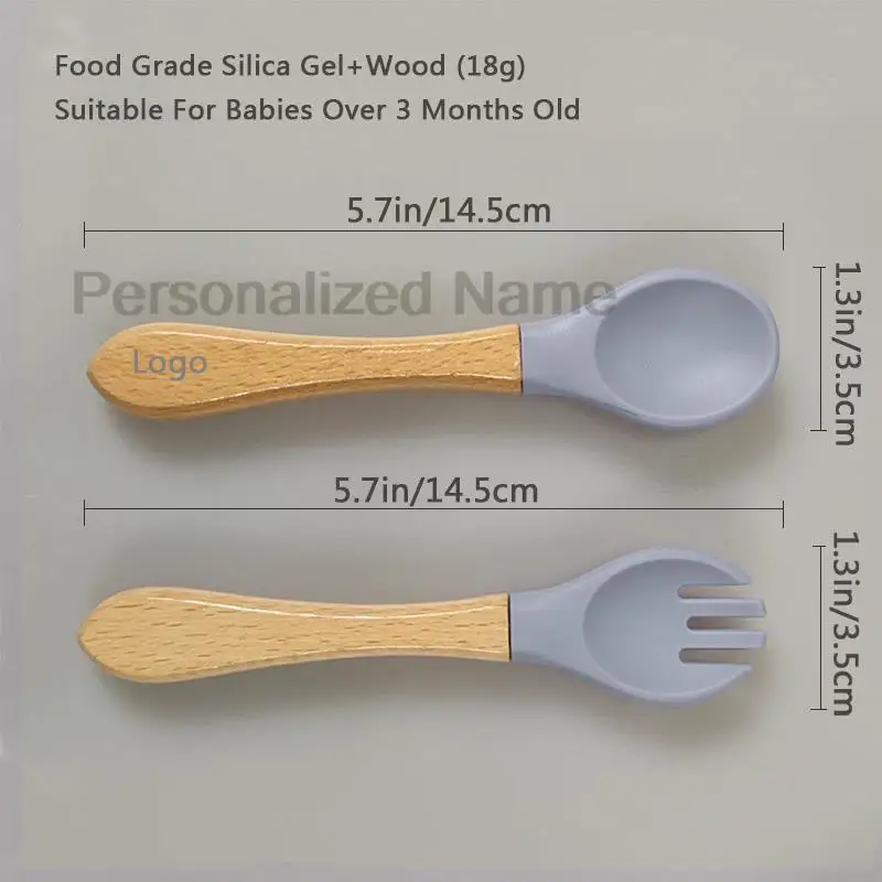 Personalized Name Baby Feeding Spoon Fork Sets Children Silicone Tableware With Wooden Handle Kids Training Spoon Free Shipping